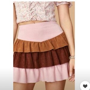 Francesca's Collections Pink and Brown Tiered Corduroy Skirt